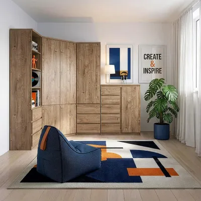 Produktbild von Jugendzimmer Schrank-Set mit Eckkleiderschrank, Kommode und 2 Regalschränken in Eiche, modern, 4-teilig - FORTALEZA-129