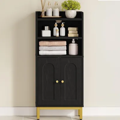 Image de Armoire de salle de bain avec 2 étagères réglables, noire et dorée, dimensions : 20 x 37 x 84 cm