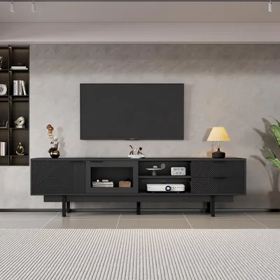 Image de Sweiko 200x40x50.5 cm meuble TV simple et moderne, Lowboard avec 2 portes et 2 tiroirs, support TV avec grand espace de rangement, meuble de salon avec une capacité de charge totale de 45kg, convient pour 80 pouces, Noir