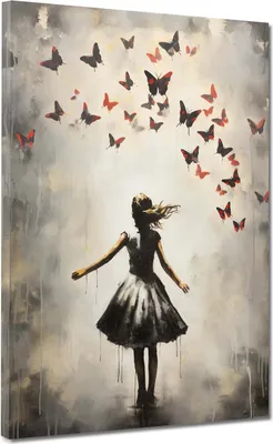 Produktbild von Street Art Mädchen mit Schmetterlinge Abstract Leinwandbild Wandbild Wanddeko: 60x80x2cm