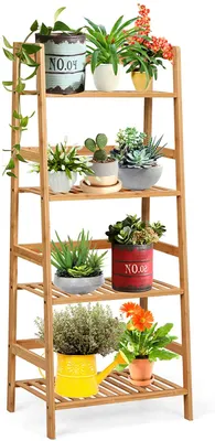 A multi-tiered wooden plant stand filled with various potted plants.