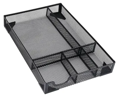 Obrázek produktu pro Organizér do zásuvky psacího stolu – vložka do zásuvky – 5 přihrádek – protiskluzové podložky – kov – na psací potřeby a kancelářské potřeby – černý
