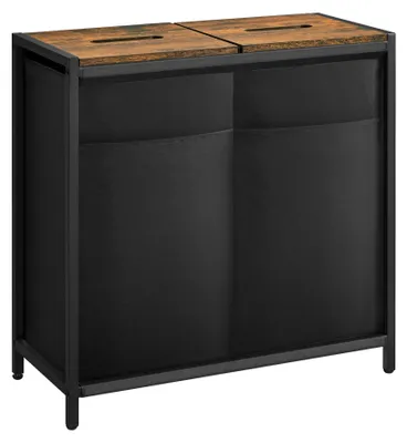 A laundry basket with two compartments and wooden lids.