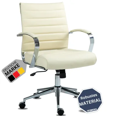 Produktbild von DELUKE® Bürostuhl Ergonomisch EVOK Schreibtischstuhl Echtleder | Höhenverstellbarer Drehstuhl, Arbeitsstuhl mit Armlehne | Chefsessel, Computerstuhl 130 kg | Creme