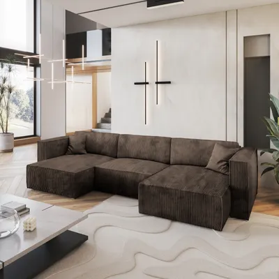 Produktbild von Masseno Ecksofa SARMO P mit Schlaffunktion U-Form, Sofa mit Bettkasten, Wohnzimmersofa, Couch, Soffa, Bettsofa, Couchgarnitur- Braun, POSO 06