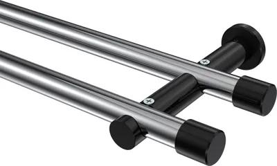 Produktbild von Interdeco Gardinenstange / Vorhangstange Chrom / Schwarz, Typ Platon Santo (Kappe) ohne Ringe, 20 mm Ø 2-läufig, 420 cm
