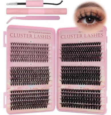 Image de Extension de cils : ensemble de 590 pièces, cils en clusters, 6 densités, longueurs de 8 à 16 mm, avec colle et pince