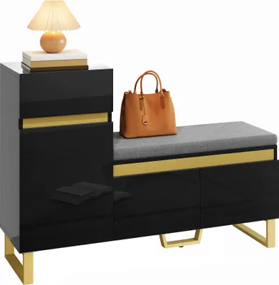 Image de Meuble à chaussures avec banc - Noir et doré - Coussin rembourré - Tiroir et portes - Étagère ouverte