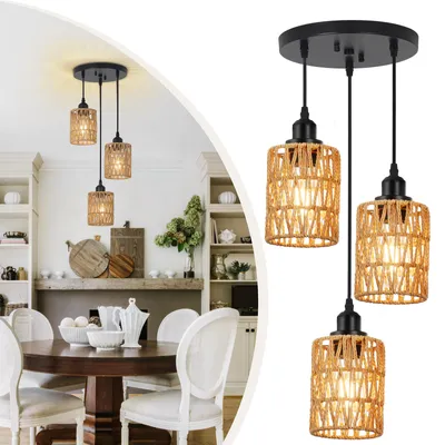 Produktbild von Pendelleuchte Boho Rattan Lampenschirm Hängelampe E27 3 Flammig Hängeleuchte Deckenleuchte für Esszimmer Küche Schlafzimmer Flur