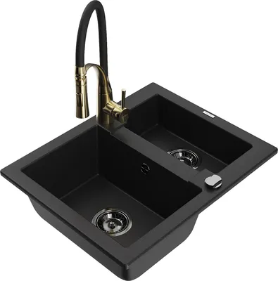 Immagine prodotto di Mexen Carlos lavello in granito 1,5 vasche con rubinetto da cucina Aster, nero - 6518-77-73450-57-B