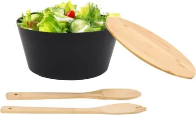 Produktbild von 4-tlg. Bambus Salatschüssel Set - inkl. Servierbesteck Gabel & Löffel