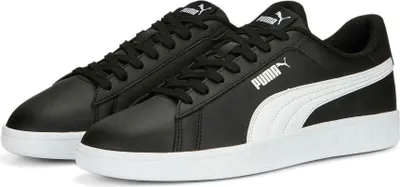 A pair of black Puma Smash 3.0 L sneakers with white accents and soles, shown from a slightly elevated side angle against a white background.