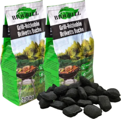 Produktbild von BIOGRILL Holzkohle Briketts 4 kg (2+2 kg) aus Reiner Buche, Grillkohle Briketts, Perfekt für Grill & BBQ und Dutch Oven
