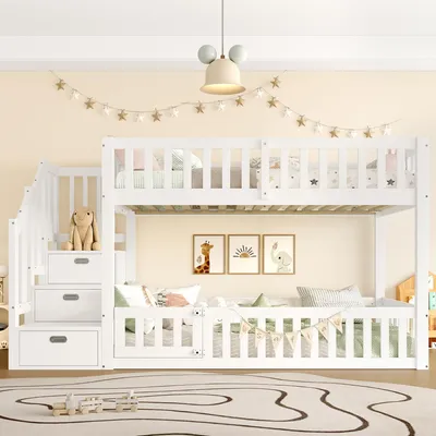Produktbild von Flieks Etagenbett 90x200cm mit Stauraumtreppe, Kinderbett Hochbett mit Schubladen, Hausbett mit Tür, Stockbett Einzelbett mit Lattenrost, Weiß