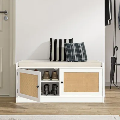 Produktbild von Schuhbank mit Sitzfläche und Schuhkipper, Holz & Rattan, 101 x 40 x 46 cm, Weiß