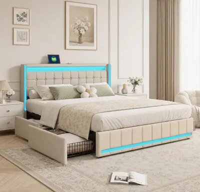 Obrázok produktu pre Postel INONEFT, čalúnená, 140x190 cm, s USB portom a LED podsvietením čela, s úložným priestorom a 4 zásuvkami, posteľ pre mládež/dvojlôžková posteľ s roštom, materiál: ľan, farba: béžová