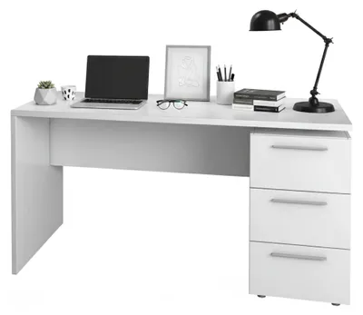 Produktbild von Schreibtisch Dbuttar, Moderner Schreibtisch, Studiertisch mit Kommode mit 2 Schubladen und 1 Tür, 138x60h74 cm, Weiß