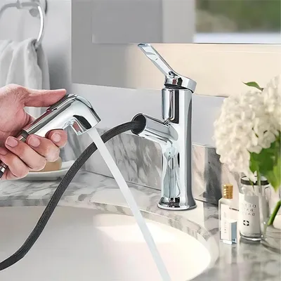 Produktbild von Waschtischarmatur mit Ausziehbarer Brause 2 Strahlarten Einhebelmischer Chrom Messing