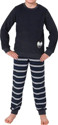 Produktbild von Cooler Jungen Frottee langarm Schlafanzug Pyjama mit Bündchen und Fussball-Motiv ; marine , 128