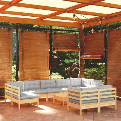 Produktbild von [Home] 10-tlg. Garten-Lounge-Set mit Grauen Kissen Kiefer Massivholz , Neue Mode 2024 im häuslichen Leben