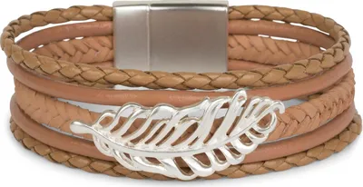 Produktbild von styleBREAKER Armband mit Feder Schmuck Element, Flechtoptik, geflochten, Magnetverschluss, Wickelarmband, Damen 05040106