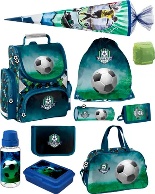 Produktbild von Fußball Schulranzen Set 1. Klasse für Jungen und Mädchen 10-teilig mit Sporttasche, Dose, Flasche und Schultüte