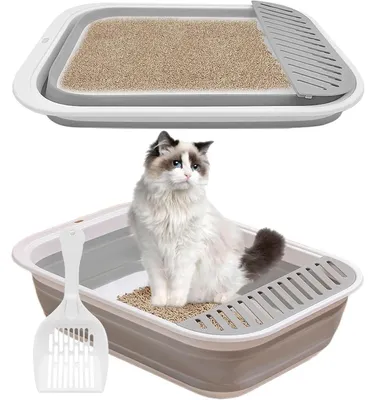 Productafbeelding van Kattenbak, plat, groot, inklapbaar, met schep, 53*40*13,5 cm, grijs