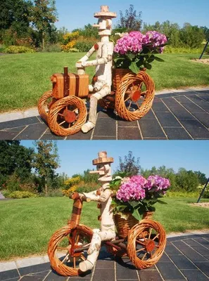 Produktbild von Pflanzkasten, Blumenkasten, Blumenkübel Traktor oder Dreirad mit Männchen aus Korbgeflecht, für den Garten, Variante:Männchen auf dunklem Traktor