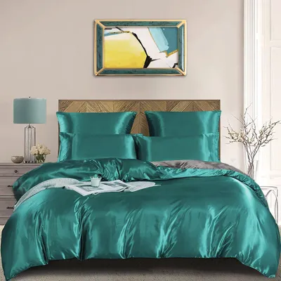 Immagine prodotto di Set di lenzuola 155x220 cm, turchese e grigio, in microfibra satinata, composto da 3 pezzi. Lenzuola con cerniera e design reversibile
