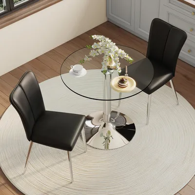 Productafbeelding van STILVORA eettafel met een veiligheidsglasplaat van 85 cm, eettafelset met 2 Polyurethaneetkamerstoelen en zilverkleurige poten, eethoek met een modern design