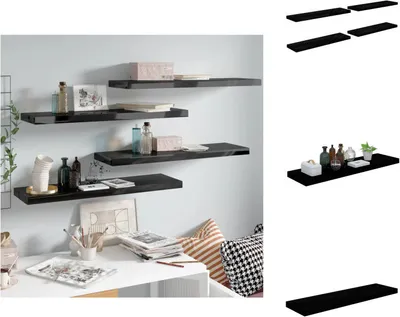 Obrázok produktu pre vidaXL Nástenné police Plávajúce 4 ks. Vysoko lesklá čierna 90x23,5x3,8cm MDF - Nástenné police