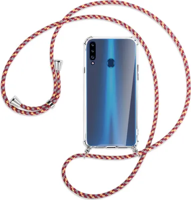 Produktbild von Handykette Backcover-Schutzhülle mit Band (Metall silberfarben) für Samsung Galaxy A20s - weinrot/gelb/grau