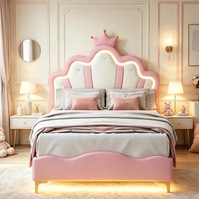 Productafbeelding van INONEFT Gestoffeerd bed 90x190 cm met LED-verlichting, prinsessenbed met verstelbaar hoofdeinde, enkelbedframe met lattenbodem, kinderbed voor meisjes, Polyurethanmateriaal, roze