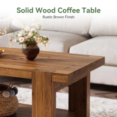 Immagine prodotto di Tribesigns, tavolino da caffè in legno massello, 120 x 60 cm, tavolino rettangolare in stile rustico a 2 livelli, con spazio contenitivo, ideale per il soggiorno