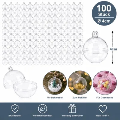 Produktbild von 100 Acrylkugeln Ø 4 cm Transparent Bastelkugeln Füllbare Kunststoffkugeln Weihnachtskugeln DIY Dekoration, KI-generiertes Bild