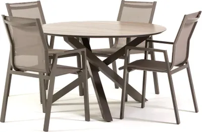Image de Set de repas d'extérieur avec table ronde Ø120 cm et 4 chaises empilables en aluminium et textilène - design moderne et robuste, idéal pour le jardin, la terrasse et les espaces extérieurs couverts - TEO+DINA