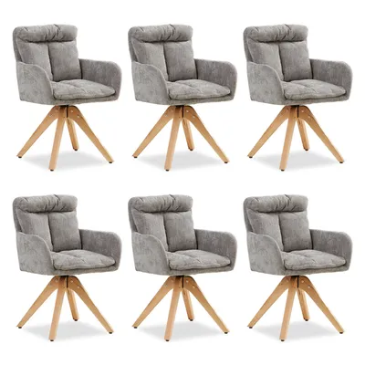 Six gray upholstered dining chairs with wooden legs are arranged in two rows of three against a white background.
