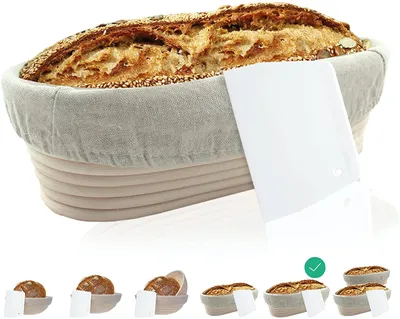 Produktbild von riijk Gärkörbchen mit Gratis Teigschaber 35cm Oval, Gärkorb für Brotteig aus Peddigrohr mit Leineneinsatz, Gärkörbe für Brot