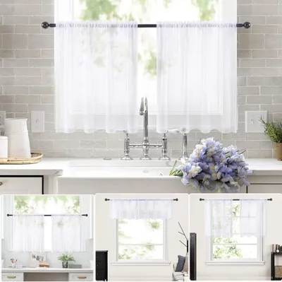 Produktbild von 2 Paneele transparente Vorhänge Stangentasche Netzgardinen Gardinen mit Store Vorhang Voile halbtransparent kurz Vorhang für kleine Fenster durchsichtiger Vorhang Café Weiß 76x60cm