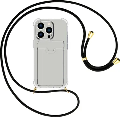 Produktbild von Handykette Backcover-Schutzhülle mit Band (Metall goldfarben) für Apple iPhone 15 Pro - schwarz