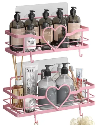 Image de Ensemble de 2 étagères de douche roses, sans perçage, avec crochets, en acier inoxydable