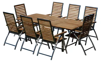 Produktbild von ALEOS. Gartengarnitur Edelstahl & A-Grade Teak - Ausziehtisch 160-220 x 90 cm + 8 Hochlehner klappbar - Sitzgruppe Premium Gartenmöbel Set wetterfest- Gartenmöbel Set 8 Personen Teak Holz