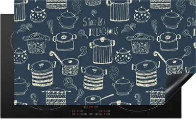 Produktbild von KitchenYeah© Herdabdeckplatte Muster - Pfannen - Kochen , 91x52cm, Küche Deko, Glaskeramikkochfeld Herdabdeckung, Abdeckplatte fùr Kochfeld
