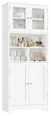 Produktbild von Badezimmerschrank - Hoher Standschrank mit 4 Türen - Moderner MDF Aufbewahrungsschrank für Bad oder Küche - Weiß
