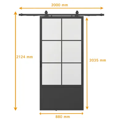 Produktbild von inova Loft-Glasschiebetür 880 x 2035 mm, 6 Felder Klarglas, Stahlrahmen Schwarz, Komplettset mit offener Laufschiene, Softclose beidseitig