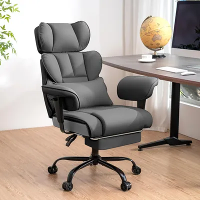 A gray office chair is shown in a room with a desk and a globe.