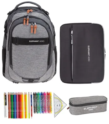 Produktbild von Schulrucksack Elephant Hero Signature 4 Teile Set Rucksack Jungen + Mäppchen Box gefüllt + Laptophülle + 31 tlg. Stifteset 12723 Two Tone Grau +rmlv