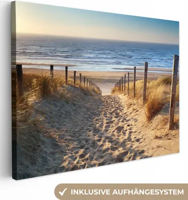 Produktbild von Leinwand Bilder 80x60 cm - Strand - Meer - Dünen - Sonne, Wandbilder, Wanddeko Wohnzimmer, Bild