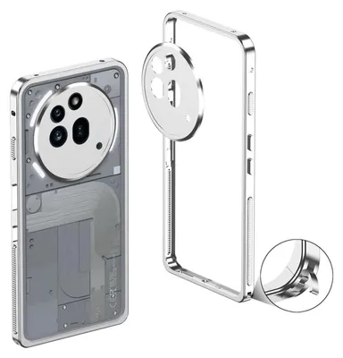 A silver metal frame phone case is shown from the back and side, with a close-up inset of the frame's corner.