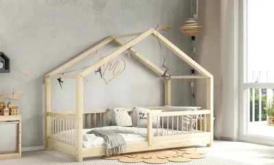 Produktbild von MUSA Kinderbett Hausbett Holzbett 90x180 Naturholz 100% Kiefernholz Rausfallschutz Beinhöhe 3 cm